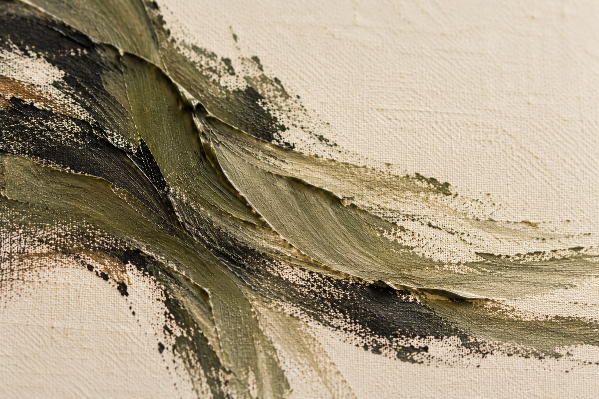 Restrained olive and charcoal gestures across ivory woven canvas — an Art collection material study