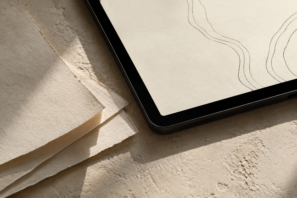 Ivory paper beside a black tablet displaying fine contour lines in warm natural light — a Digital Editions material study
