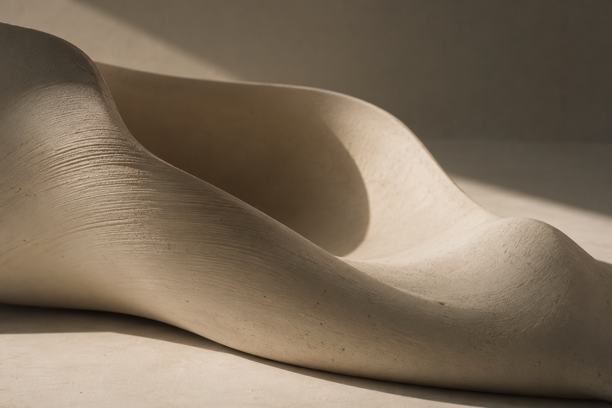 Warm light across an abstract ivory sculptural form with fine fabrication layers — conceptual material study