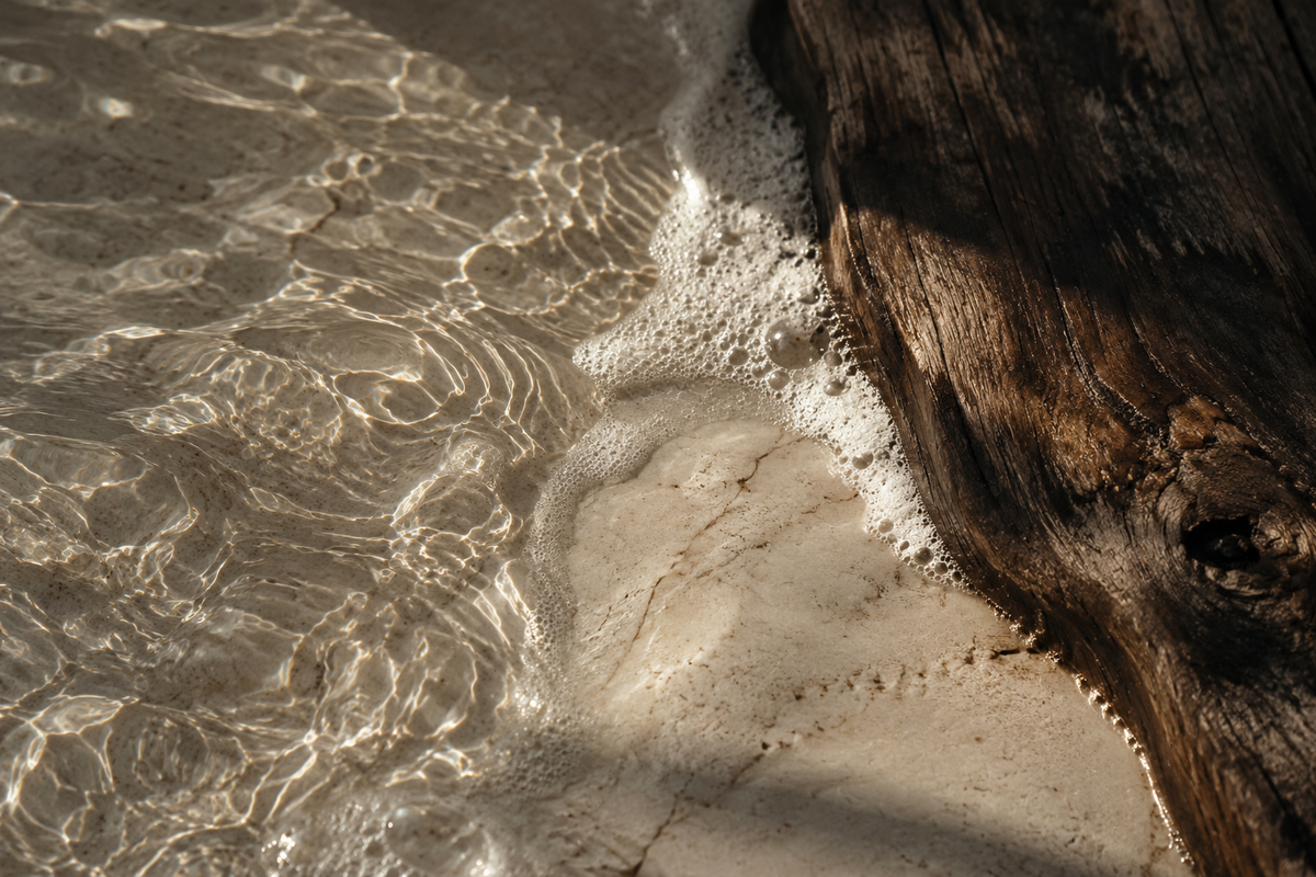 Warm light on rippling water, ivory mineral texture and natural wood — an atmospheric study for the Wellness collection