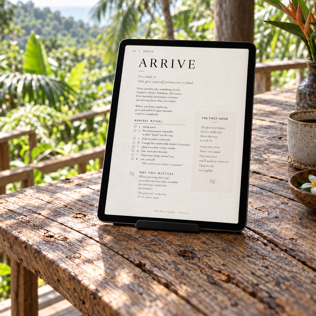 Watermarked Arrive page preview on a tablet stand in a lush tropical setting; illustrative mockup