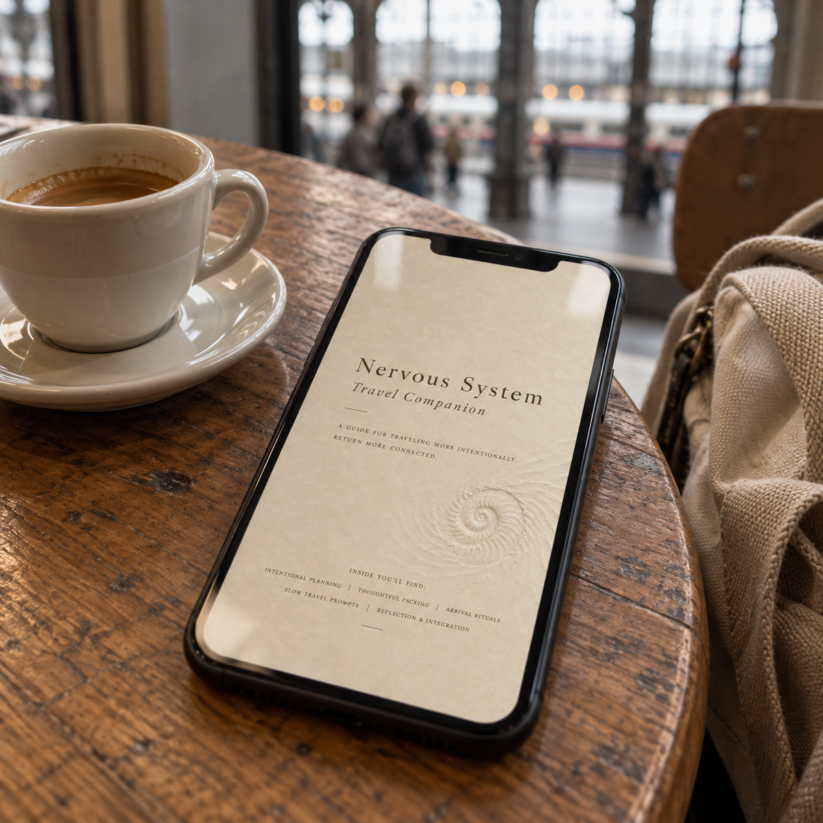 Digital companion shown on a phone during a cafe travel break; illustrative mockup