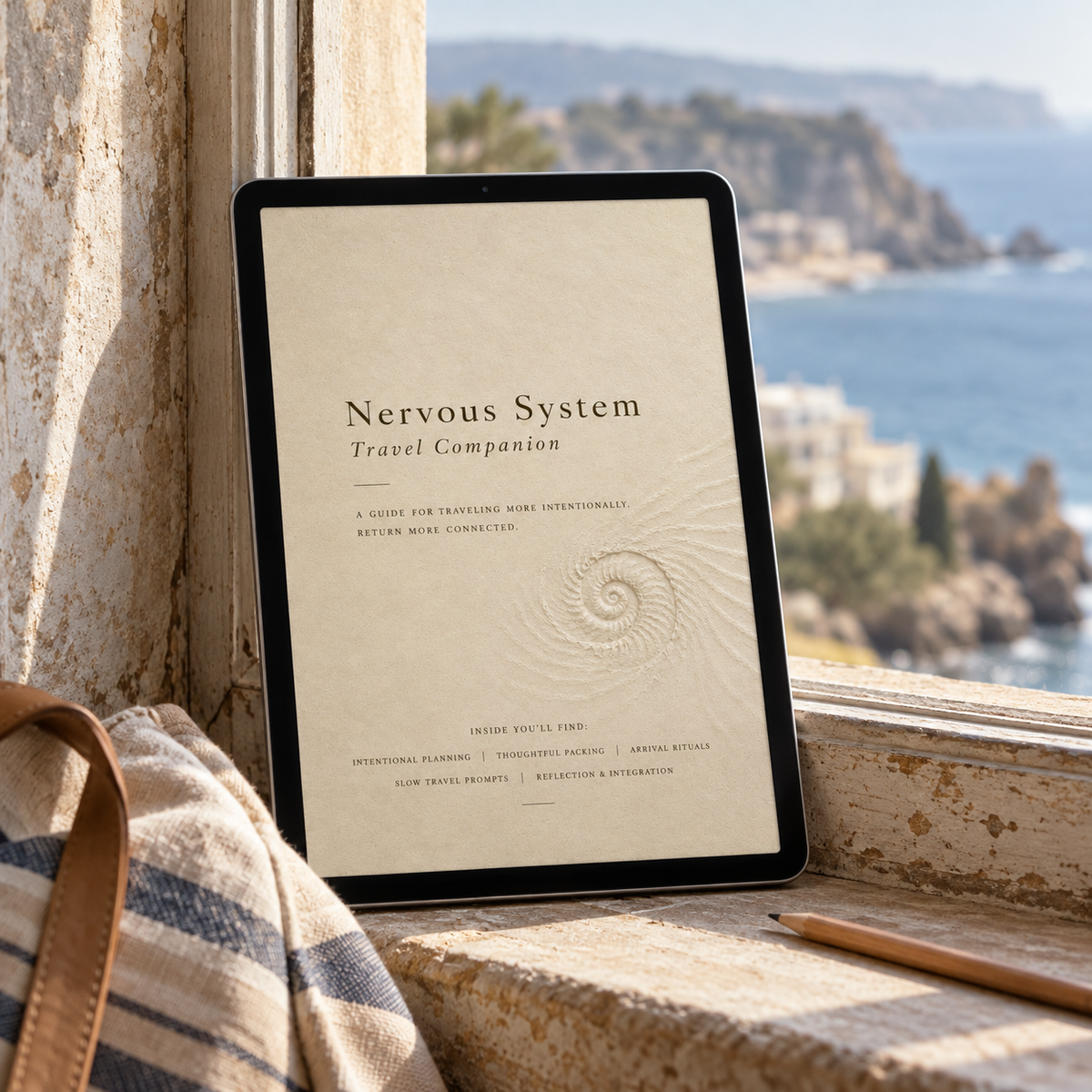 Digital companion shown on a tablet beside a coastal window; illustrative mockup