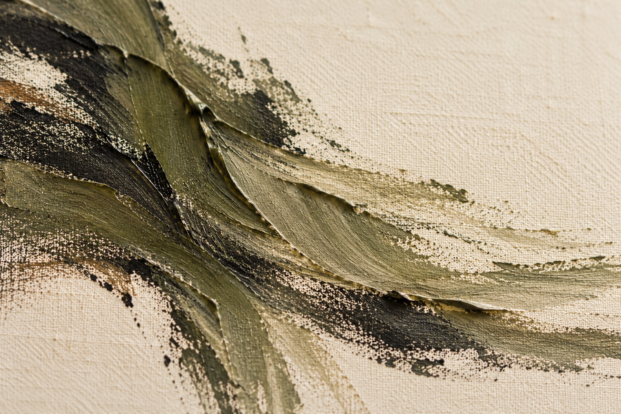 Restrained olive and charcoal gestures across ivory woven canvas — an Art collection material study