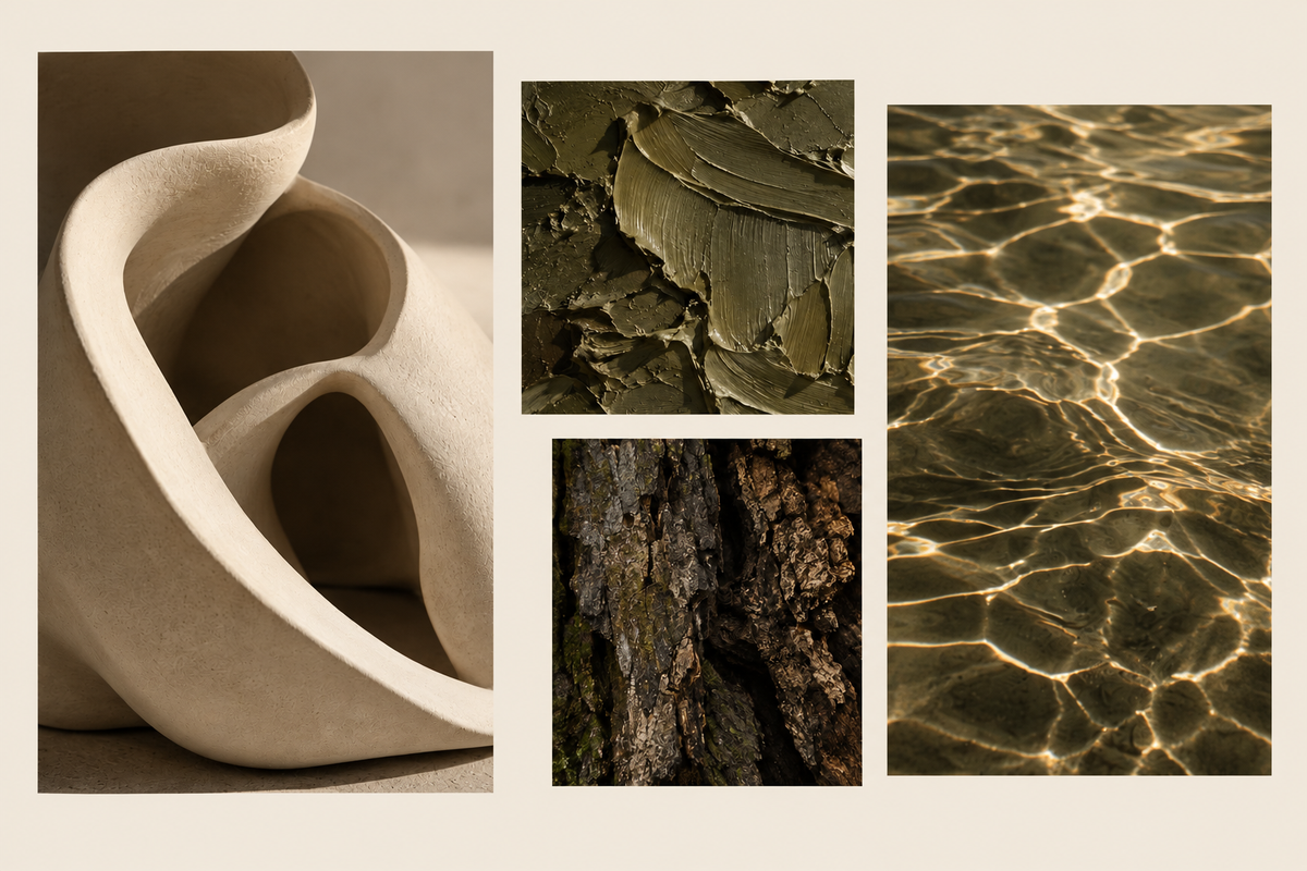 Editorial collage of a cream sculpture, olive paint texture, dark bark, and sunlight rippling across water.